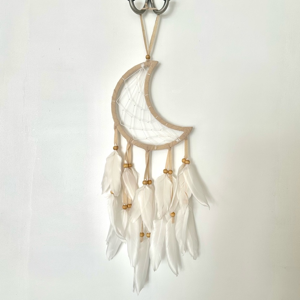 Moon Beaded Dream Catcher White Feathers Handmade in Bali - Boho Home Room Decor